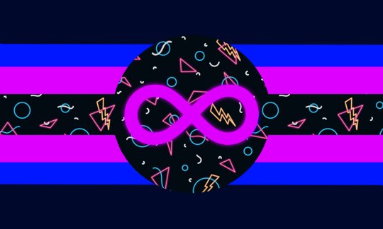 A flag with 7 stripes. The 2 outward stripes and middle stripe are thicker than the others. The colors are symmetrical and are navy blue, blue, and magenta. The middle stripe is an arcade carpet pattern. There's a cirle in the middle with a magenta infinity symbol.