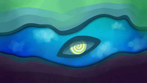 The crypfrustra pride flag. It has three stripes, but all of them are uneven and ridged. The first stripe is green and fades to blue towards the edge. The edge has a dark blue outline. The second stripe is blue with an eye in the center. The eye has a dark blue outline, a blue sclera, a green iris, and a white pupil that's a spiral. The third stripe is dark purple with a lite green outline at it's edge.