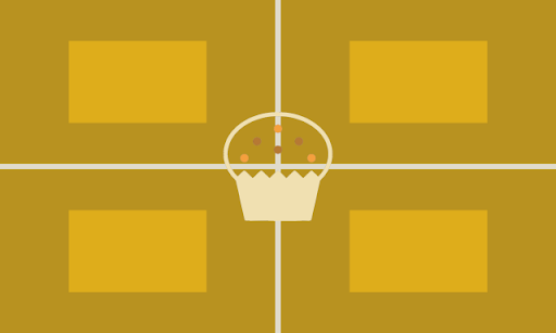 A musterd colored flag divided into fours by white lines. Each box has a yellow box inside it. The center has an outline of a muffin with pink and dark red dots on it.