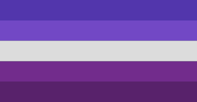 A flag with 5 equal horizontal stripes. The colors are dark blue, blue, white, purple, and dark purple.